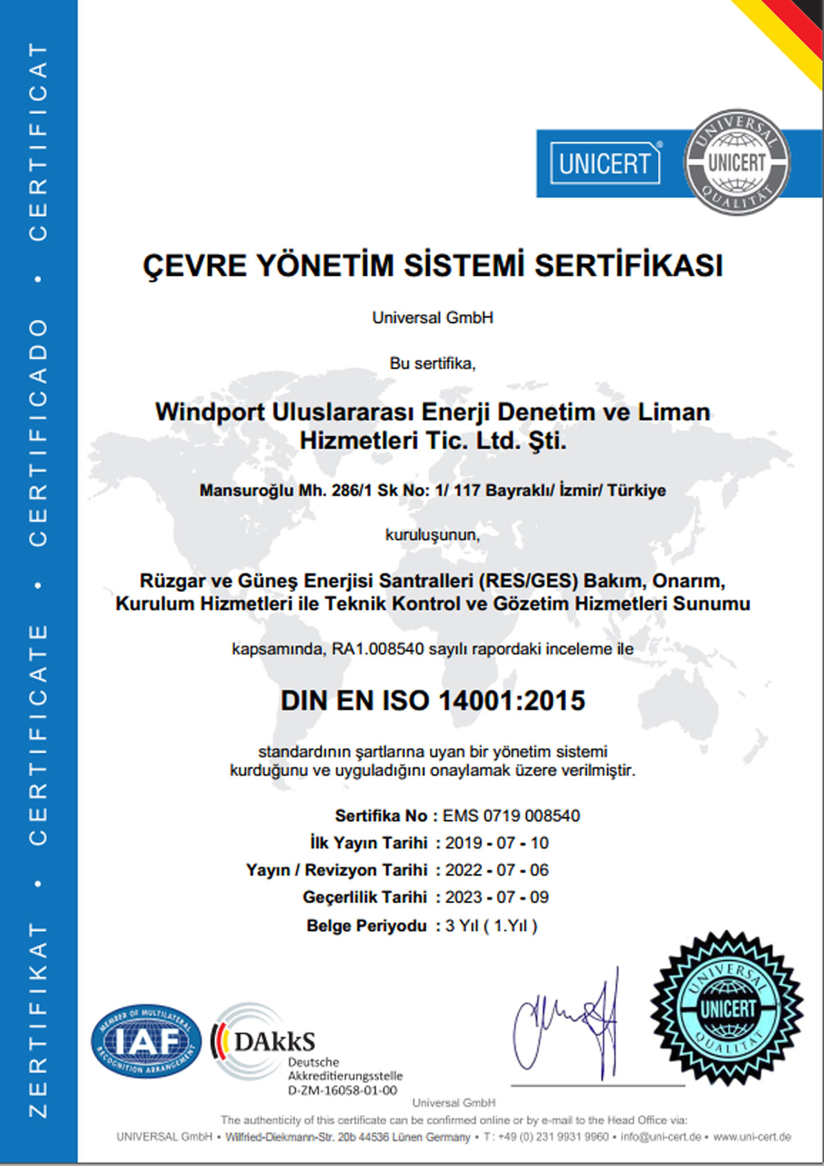 ISO 14001 8540 Belgesi
